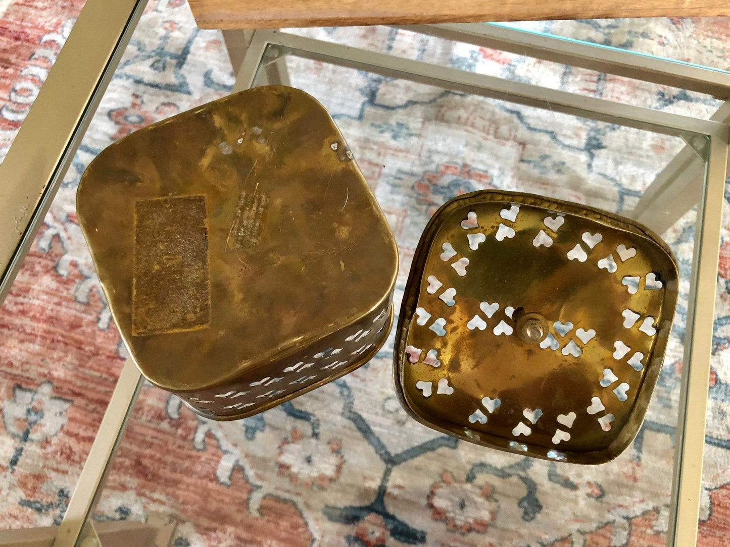 Large Vintage Rounded Square Brass Trinket Box, Gift Box, Incense, Hearts Stamped metal - Loom Vintage