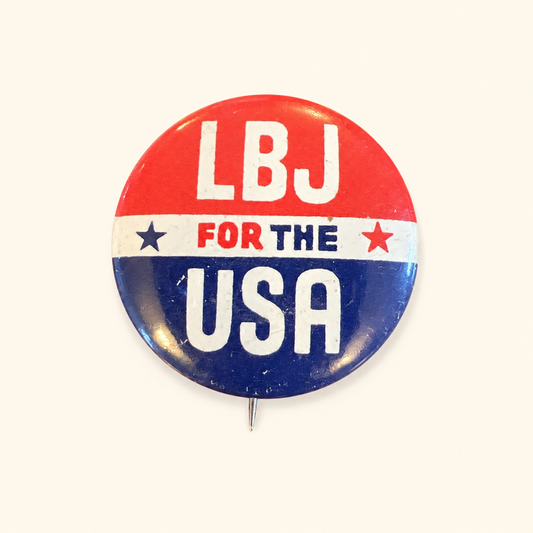 LBJ for the USA 1964 campaign button, red white and blue with stars