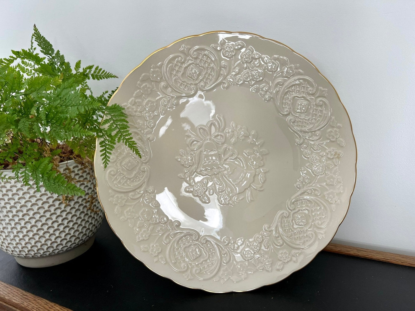 Lenox China Marriage Plate — Wedding Bells & Floral, 24K Gold Trim, 12.5" diameter, Made in USA - Loom Vintage