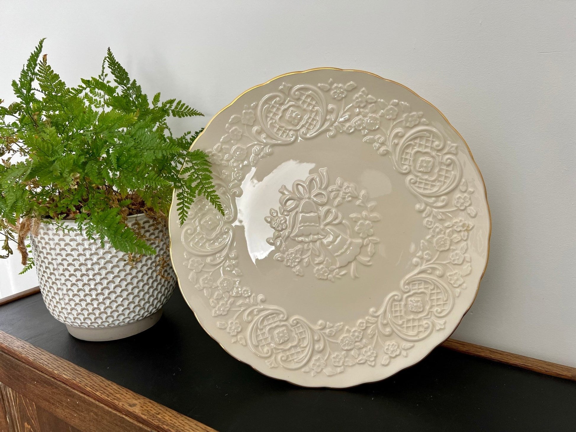Lenox China Marriage Plate — Wedding Bells & Floral, 24K Gold Trim, 12.5" diameter, Made in USA - Loom Vintage