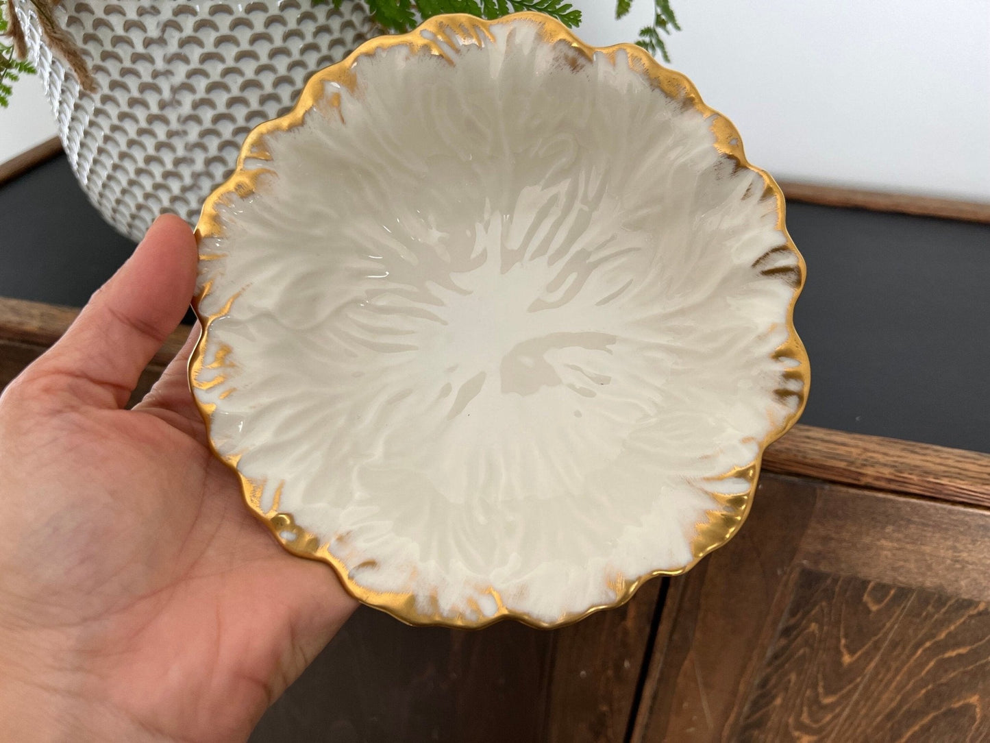 Lenox Embossed Chrysanthemum Leaf Dish — Gold Scalloped Rim, Footed, Made in USA - Loom Vintage