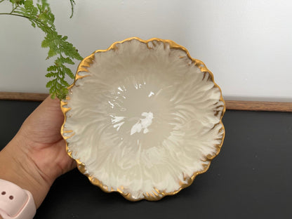 Lenox Embossed Chrysanthemum Leaf Dish — Gold Scalloped Rim, Footed, Made in USA - Loom Vintage