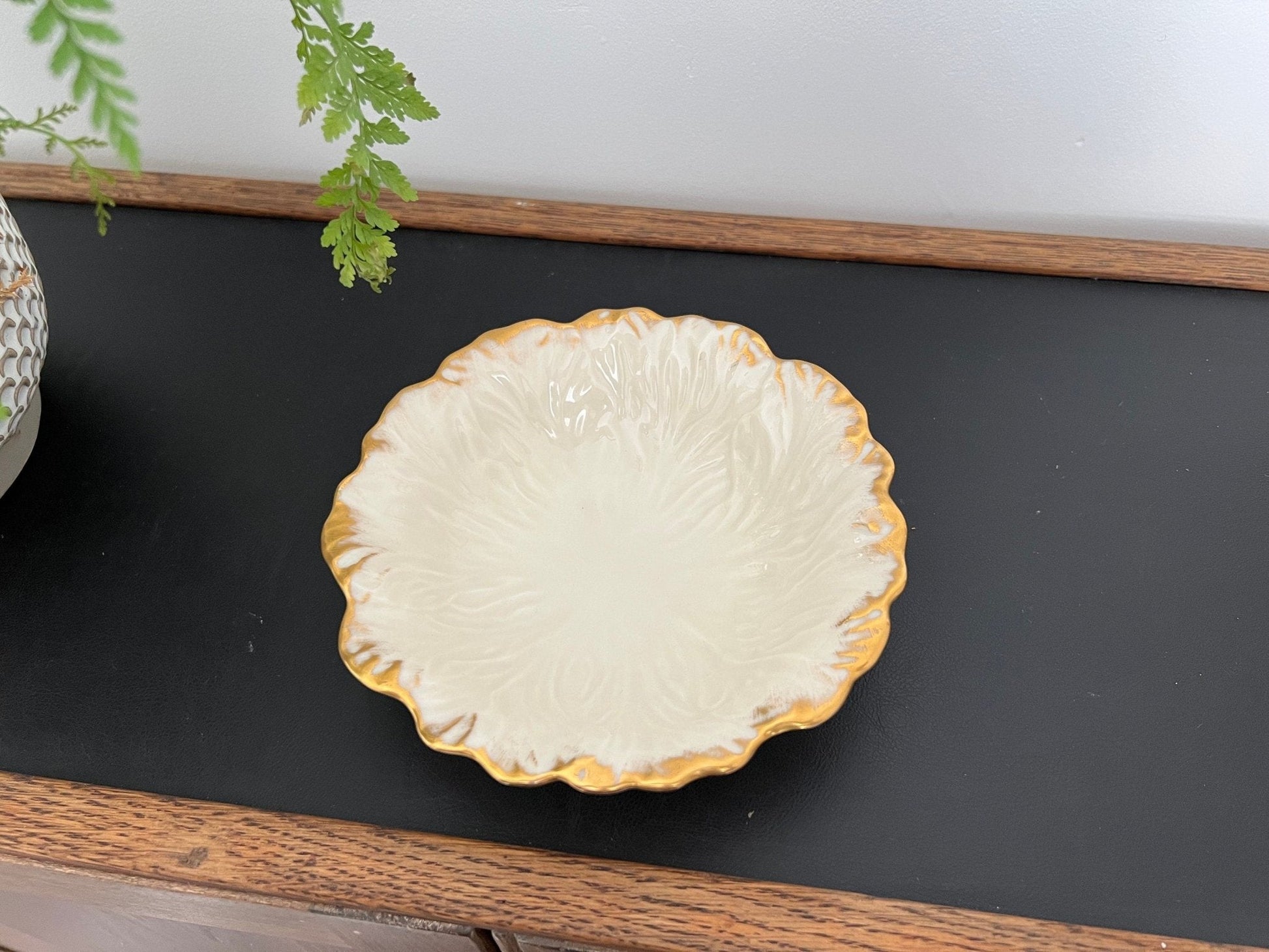 Lenox Embossed Chrysanthemum Leaf Dish — Gold Scalloped Rim, Footed, Made in USA - Loom Vintage