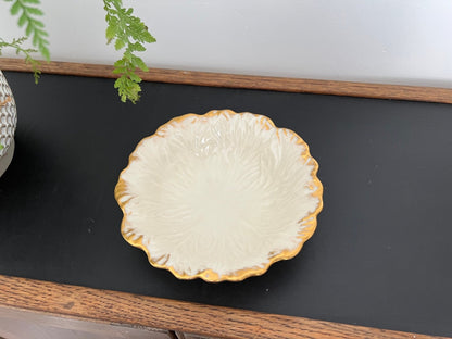 Lenox Embossed Chrysanthemum Leaf Dish — Gold Scalloped Rim, Footed, Made in USA - Loom Vintage
