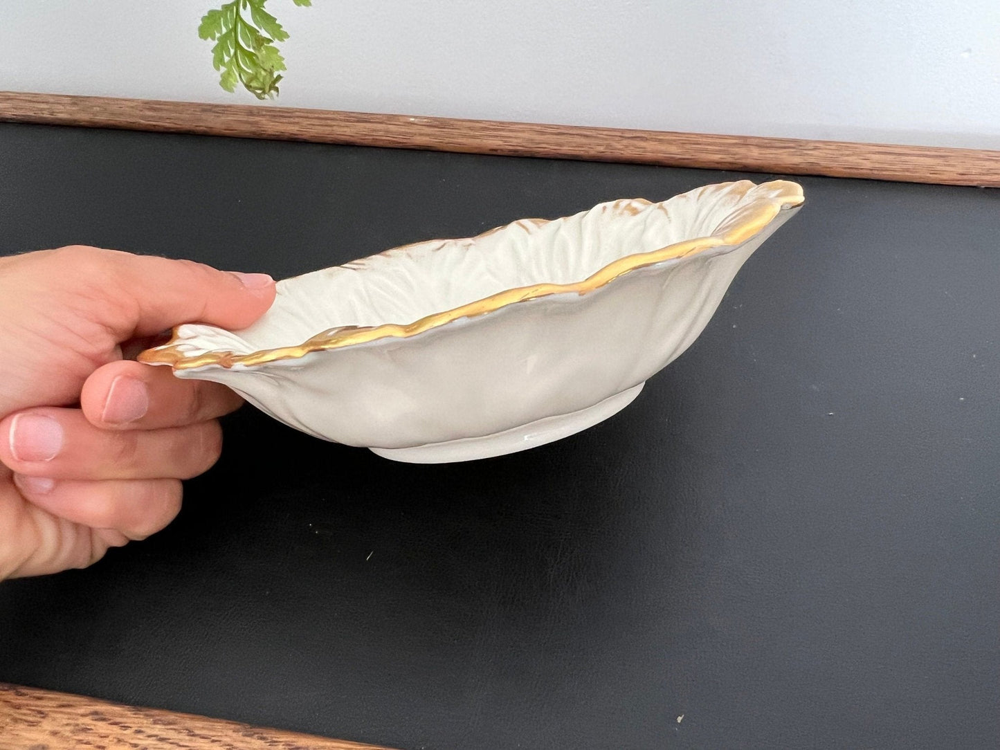 Lenox Embossed Chrysanthemum Leaf Dish — Gold Scalloped Rim, Footed, Made in USA - Loom Vintage
