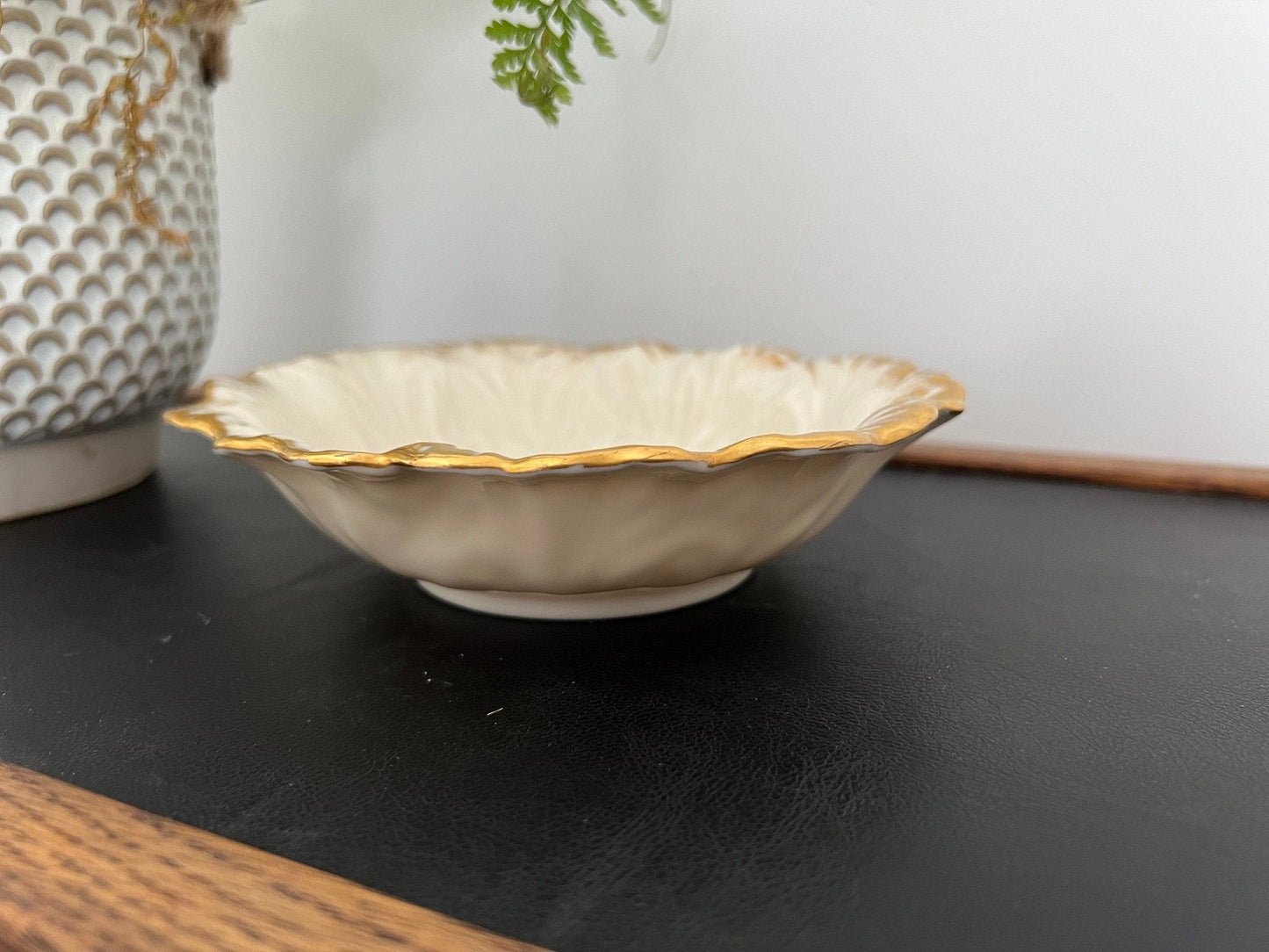Lenox Embossed Chrysanthemum Leaf Dish — Gold Scalloped Rim, Footed, Made in USA - Loom Vintage
