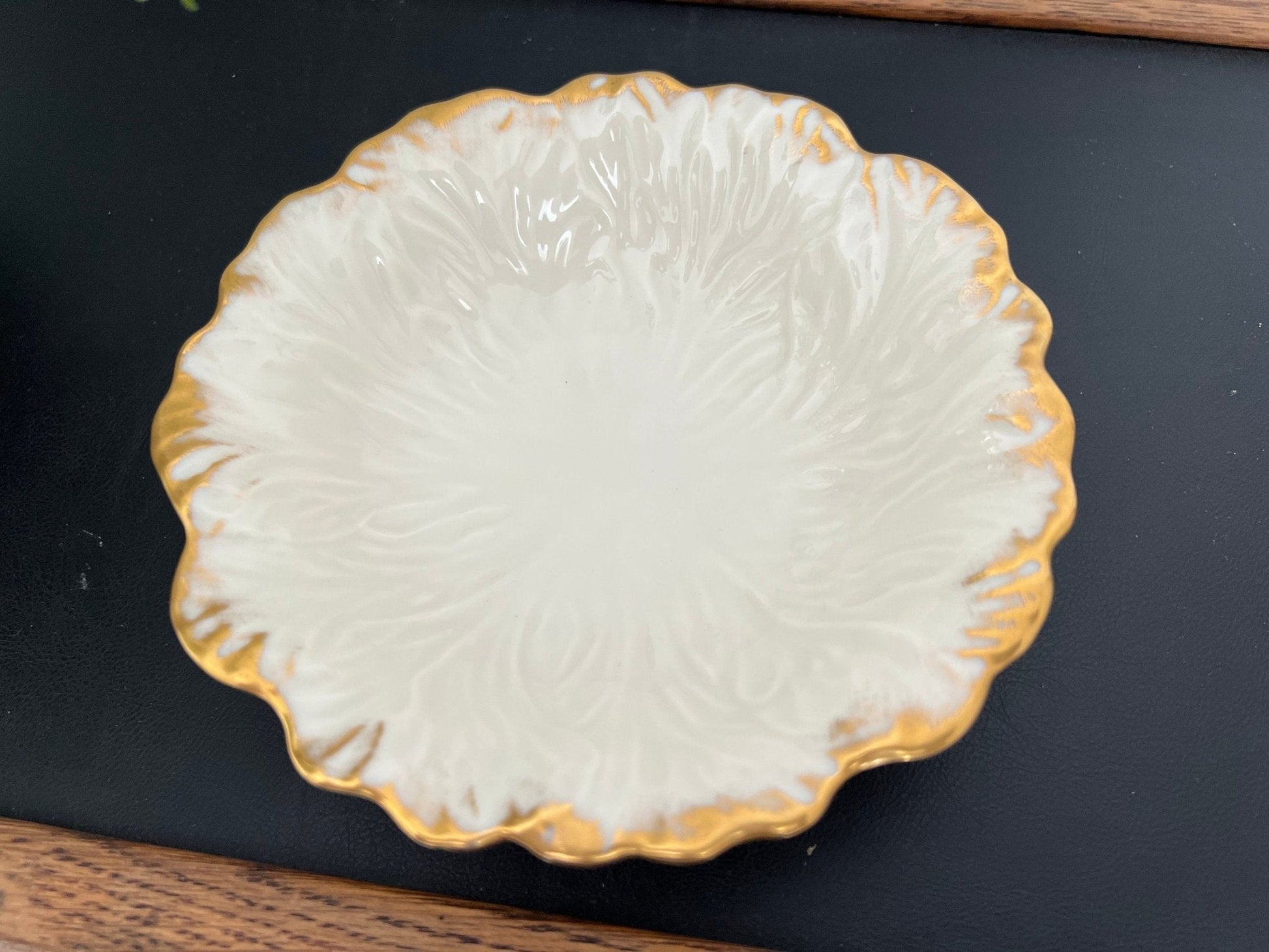 Lenox Embossed Chrysanthemum Leaf Dish — Gold Scalloped Rim, Footed, Made in USA - Loom Vintage