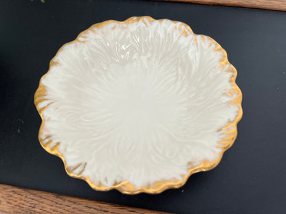 Lenox Embossed Chrysanthemum Leaf Dish — Gold Scalloped Rim, Footed, Made in USA - Loom Vintage