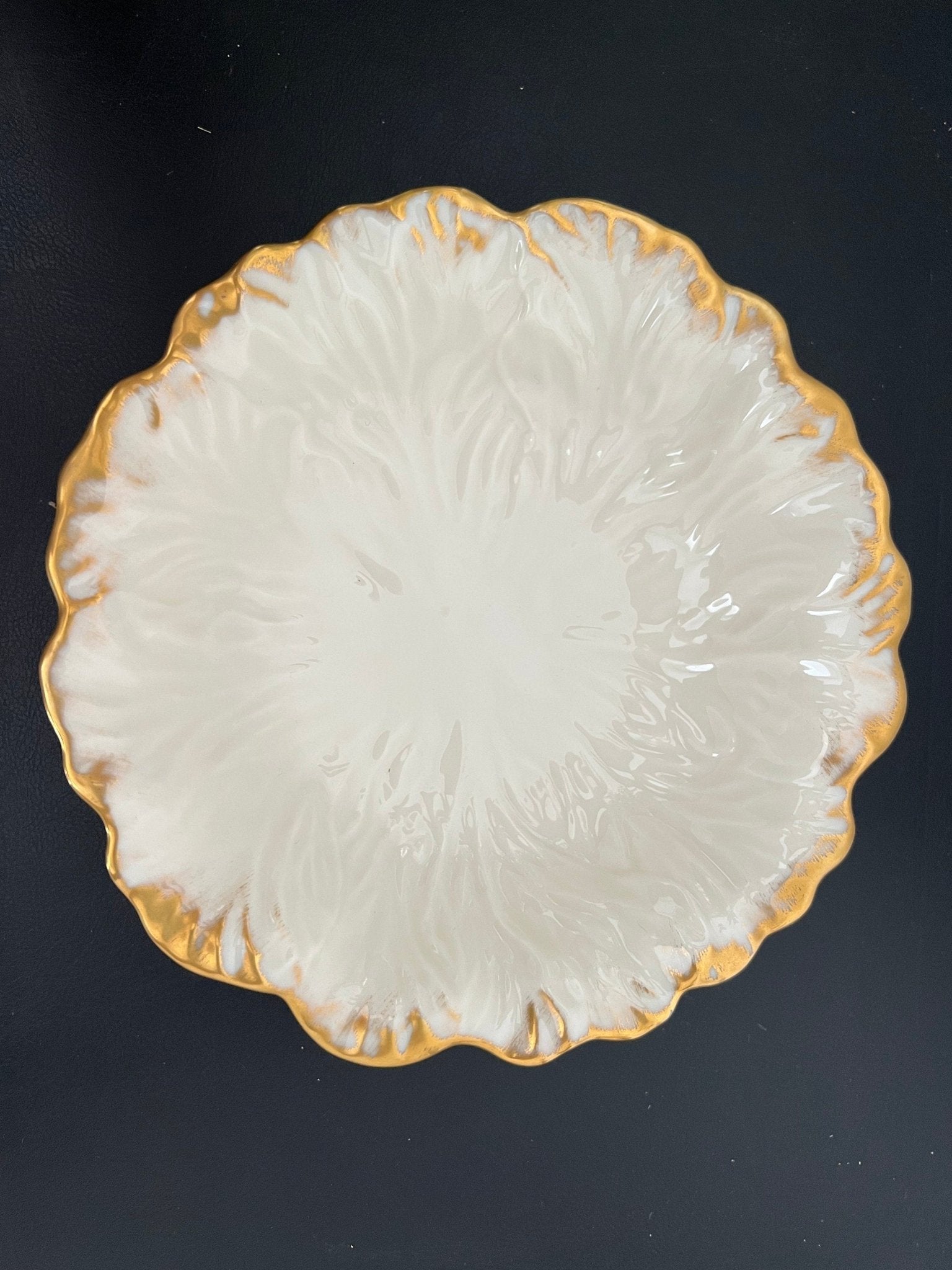 Lenox Embossed Chrysanthemum Leaf Dish — Gold Scalloped Rim, Footed, Made in USA - Loom Vintage
