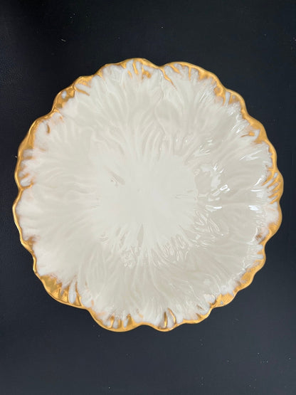 Lenox Embossed Chrysanthemum Leaf Dish — Gold Scalloped Rim, Footed, Made in USA - Loom Vintage