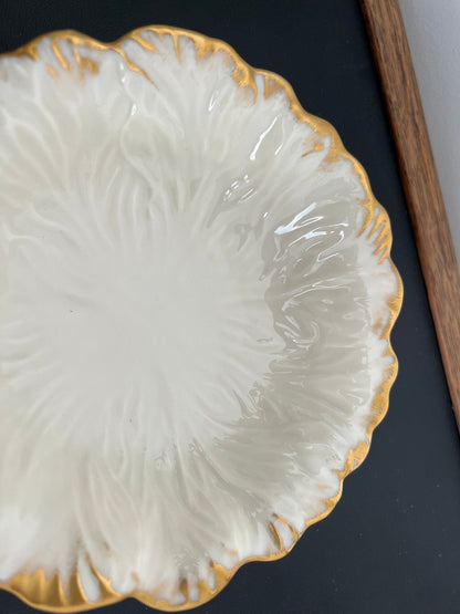 Lenox Embossed Chrysanthemum Leaf Dish — Gold Scalloped Rim, Footed, Made in USA - Loom Vintage