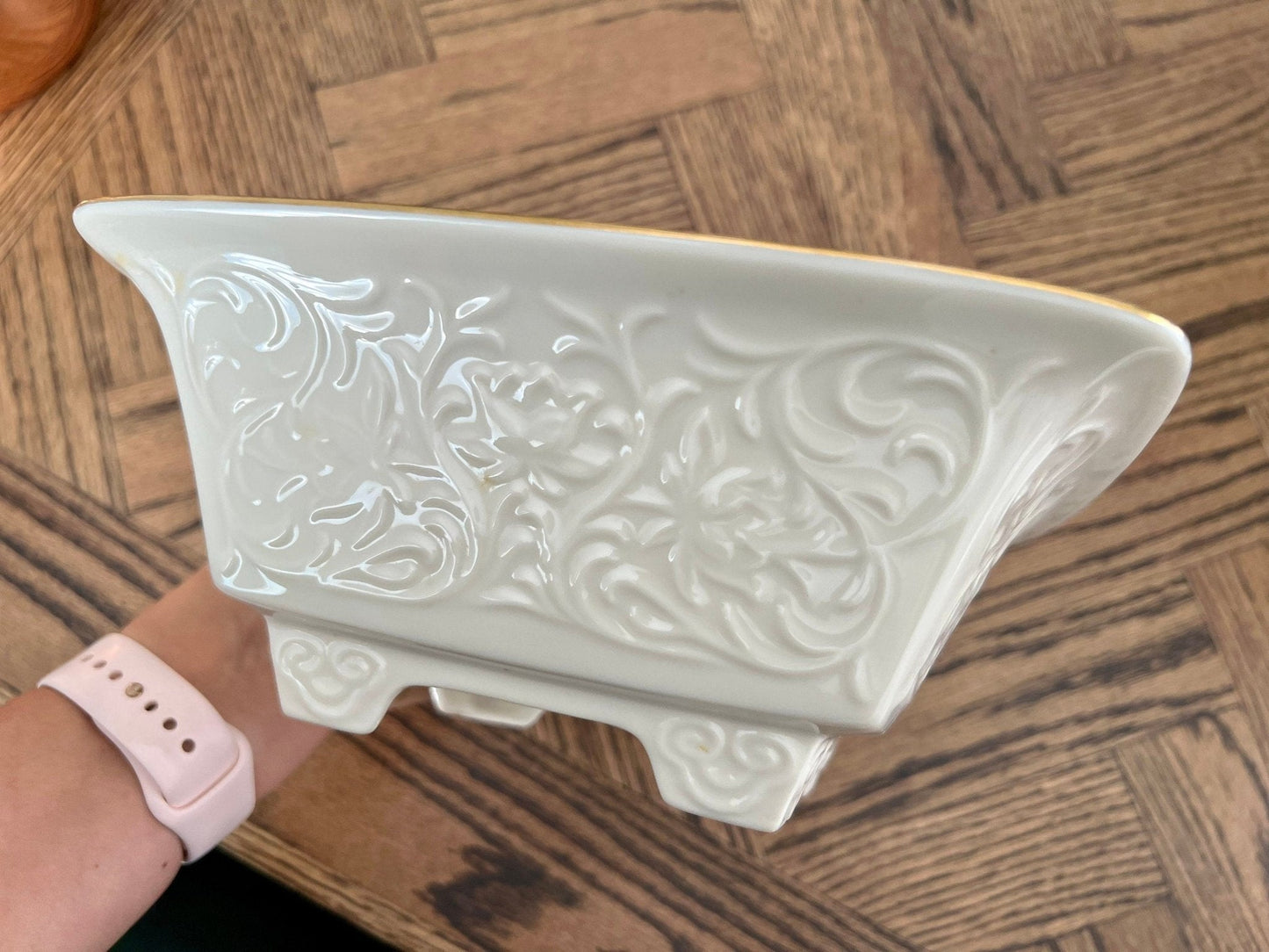 Lenox Persian Collection Footed Square Bowl — Gold Trim, Embossed Scrolls, 9", Made in USA - Loom Vintage