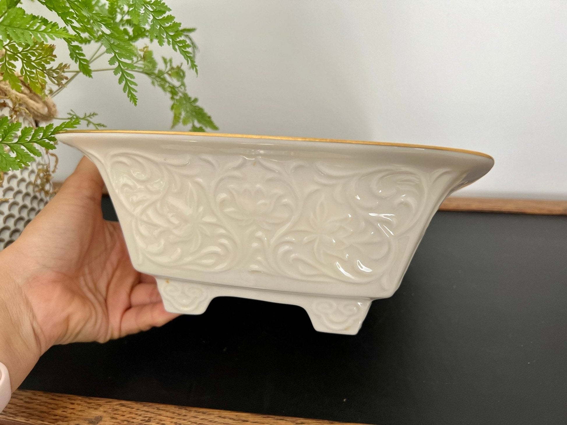 Lenox Persian Collection Footed Square Bowl — Gold Trim, Embossed Scrolls, 9", Made in USA - Loom Vintage