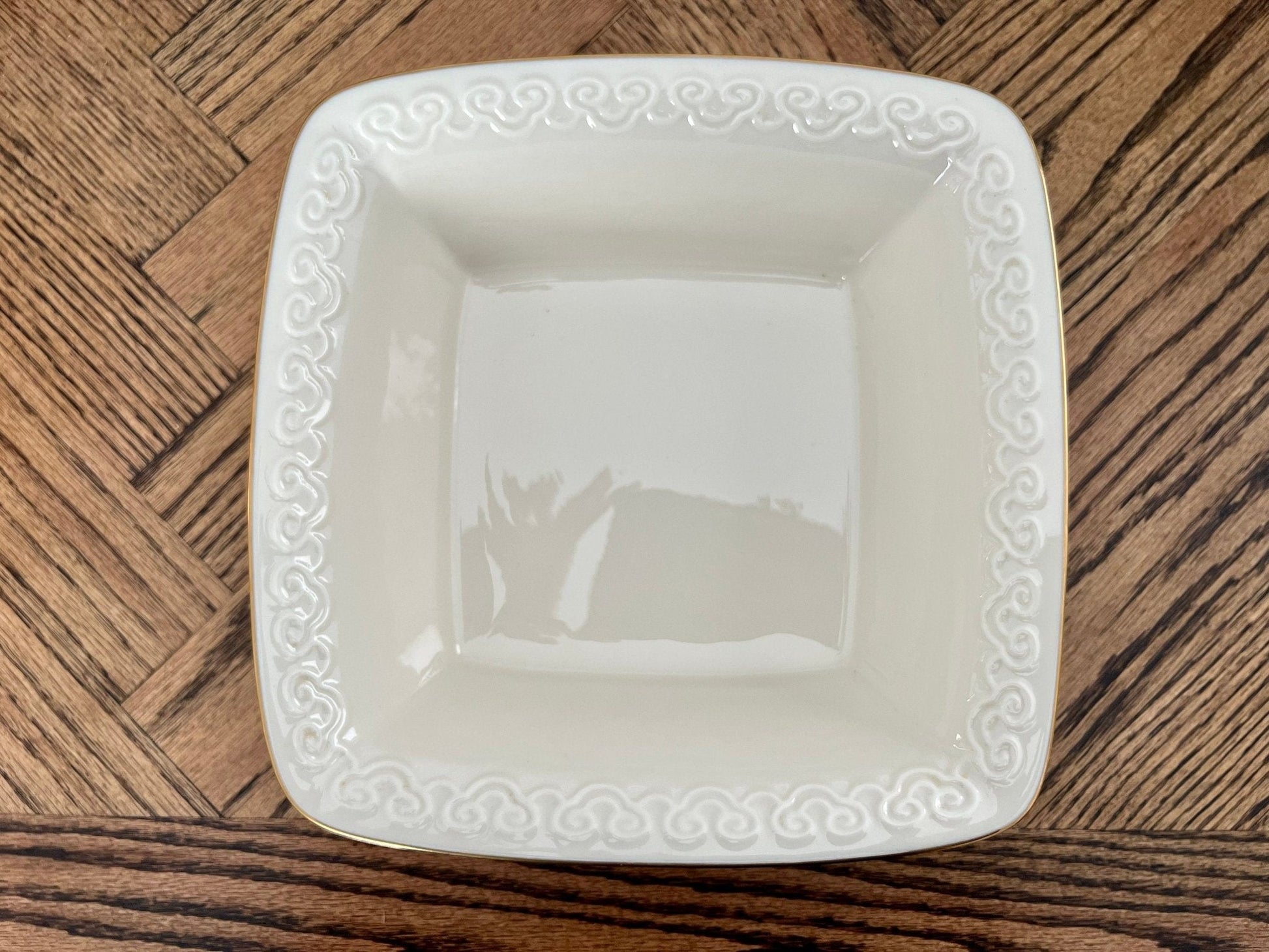 Lenox Persian Collection Footed Square Bowl — Gold Trim, Embossed Scrolls, 9", Made in USA - Loom Vintage
