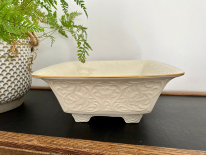 Lenox Persian Collection Footed Square Bowl — Gold Trim, Embossed Scrolls, 9", Made in USA - Loom Vintage