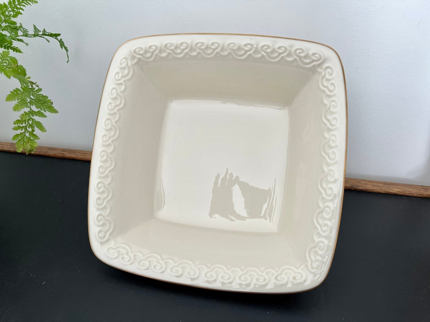 Lenox Persian Collection Footed Square Bowl — Gold Trim, Embossed Scrolls, 9", Made in USA - Loom Vintage