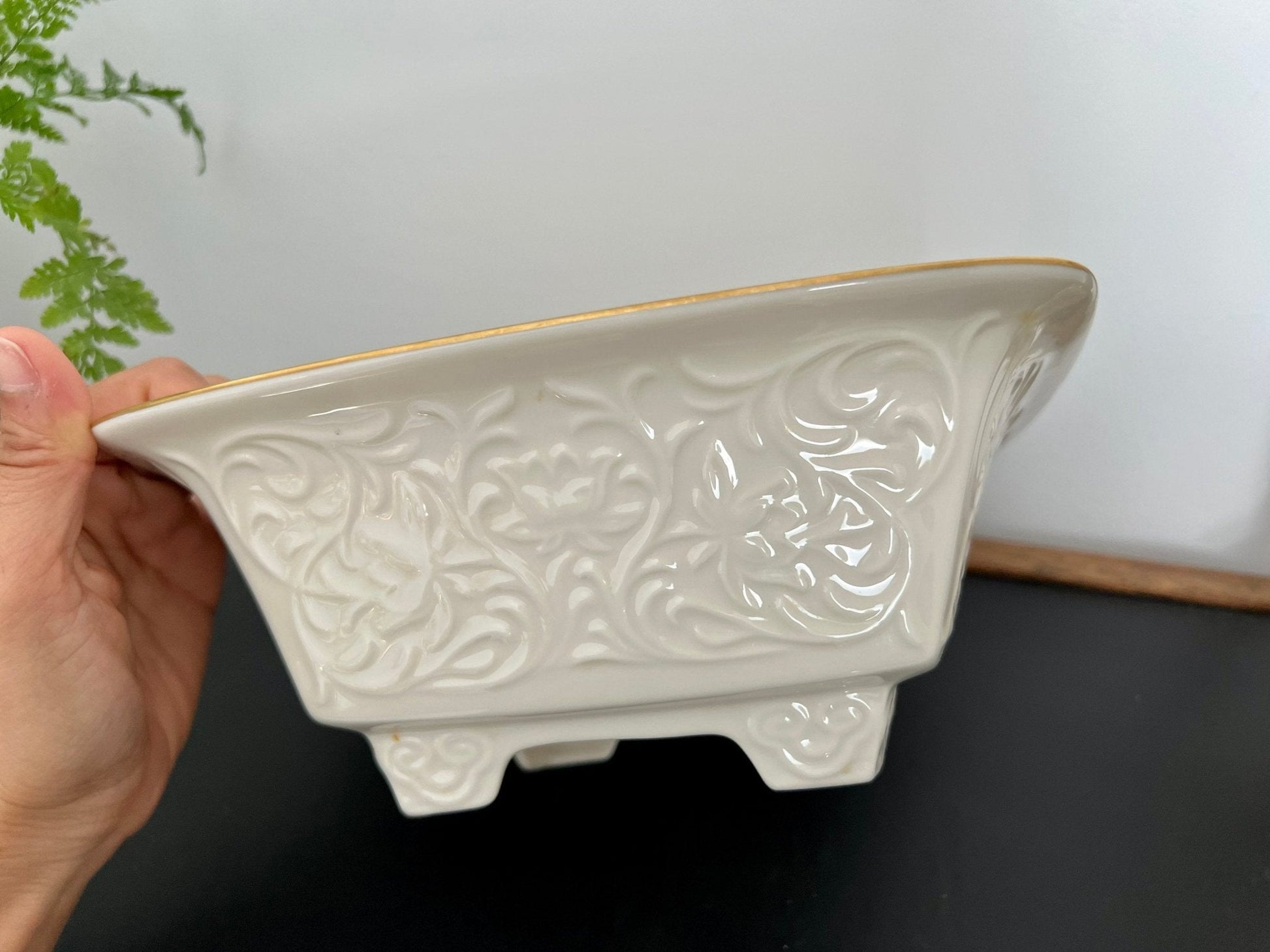 Lenox Persian Collection Footed Square Bowl — Gold Trim, Embossed Scrolls, 9", Made in USA - Loom Vintage