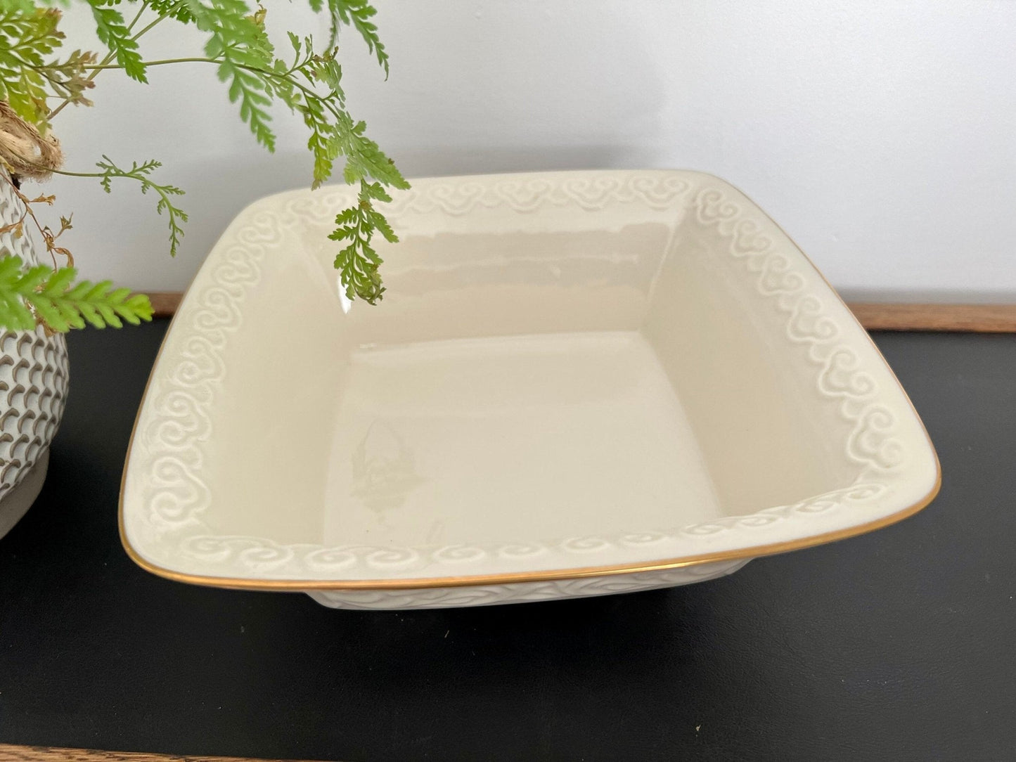Lenox Persian Collection Footed Square Bowl — Gold Trim, Embossed Scrolls, 9", Made in USA - Loom Vintage