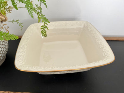 Lenox Persian Collection Footed Square Bowl — Gold Trim, Embossed Scrolls, 9", Made in USA - Loom Vintage