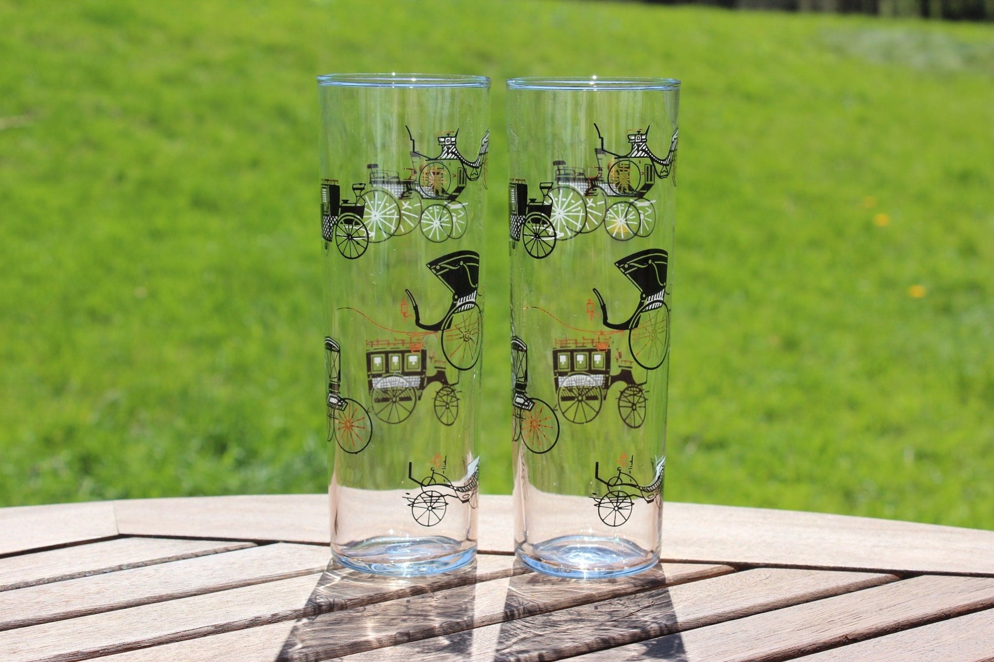 Libbey Gold Buggy/Carriage Highball Glasses, Pair — Black & Gold, 7"H, 1950s - Loom Vintage