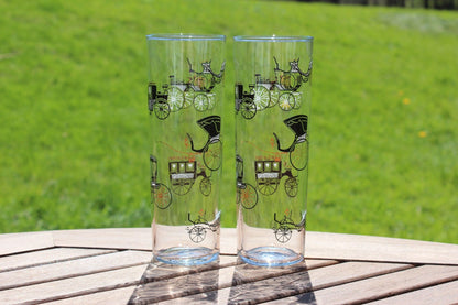Libbey Gold Buggy/Carriage Highball Glasses, Pair — Black & Gold, 7"H, 1950s - Loom Vintage