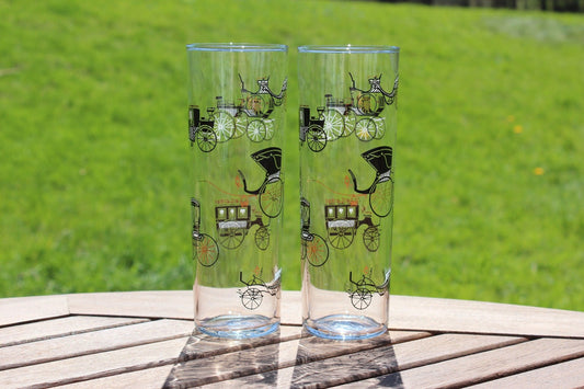 Libbey Gold Buggy/Carriage Highball Glasses, Pair — Black & Gold, 7"H, 1950s - Loom Vintage