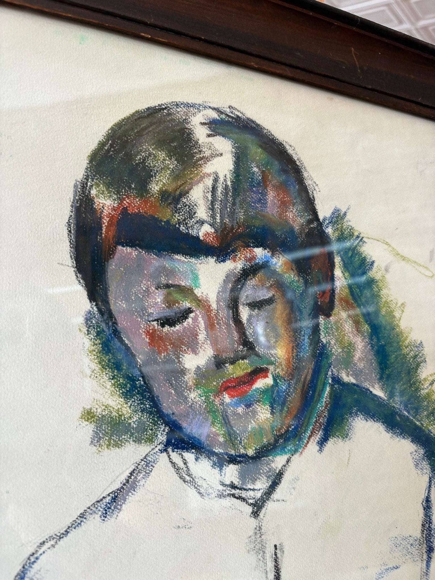 Lyn Fisher Pastel “Artist’s Son” – After Cézanne, Framed Portrait, 20.5″ × 16.5″ - Loom Vintage