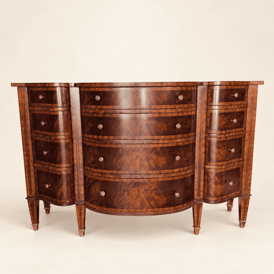 Maitland-Smith flame mahogany bowfront demilune commode, front view