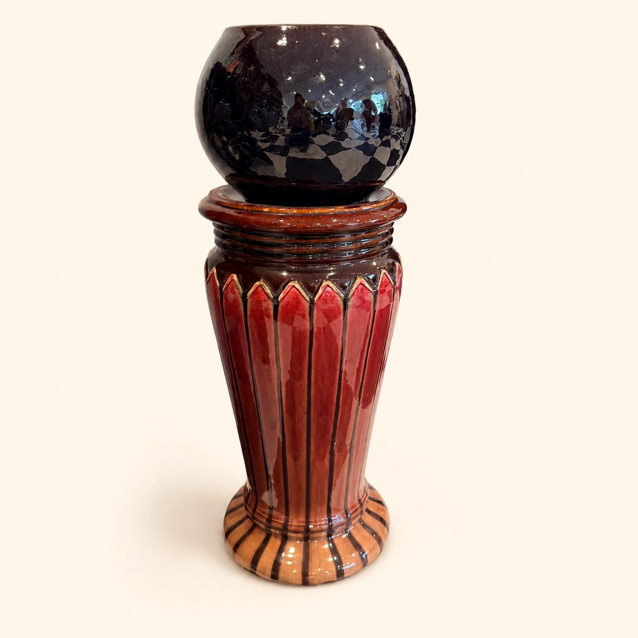 Antique Majolica Jardiniere & Pedestal Set, Oxblood Red with Striped Base