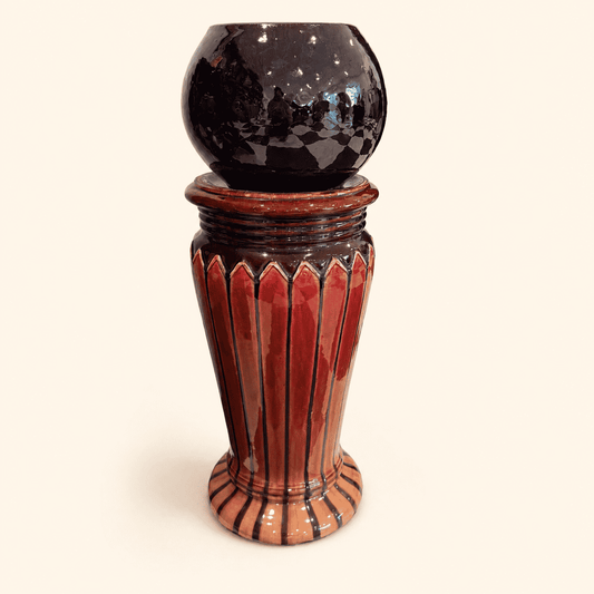 Antique Majolica Jardiniere & Pedestal Set, Oxblood Red with Striped Base