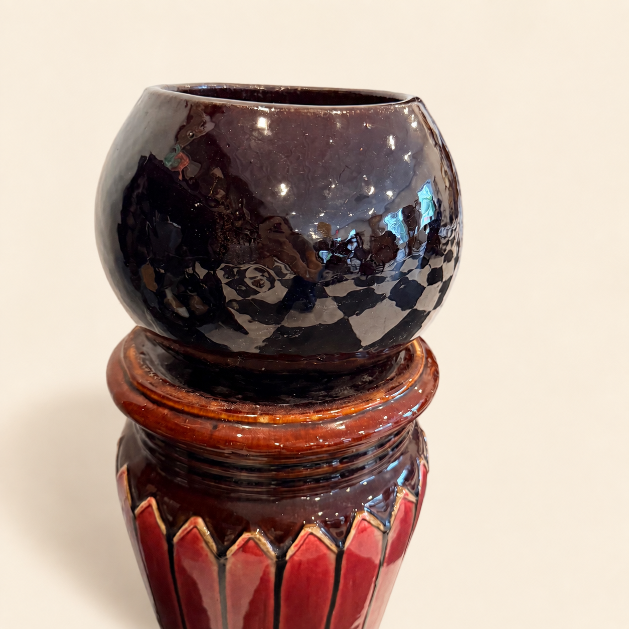 Antique Majolica Jardiniere & Pedestal Set, Oxblood Red with Striped Base