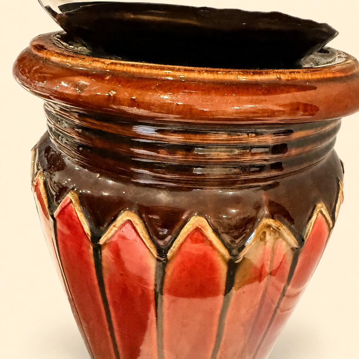 Antique Majolica Jardiniere & Pedestal Set, Oxblood Red with Striped Base