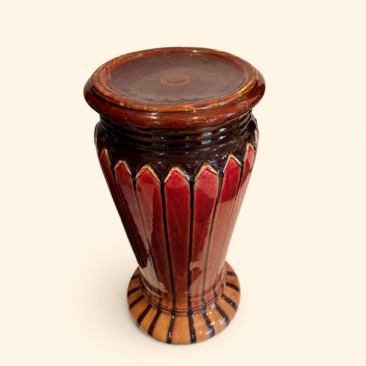 Antique Majolica Jardiniere & Pedestal Set, Oxblood Red with Striped Base