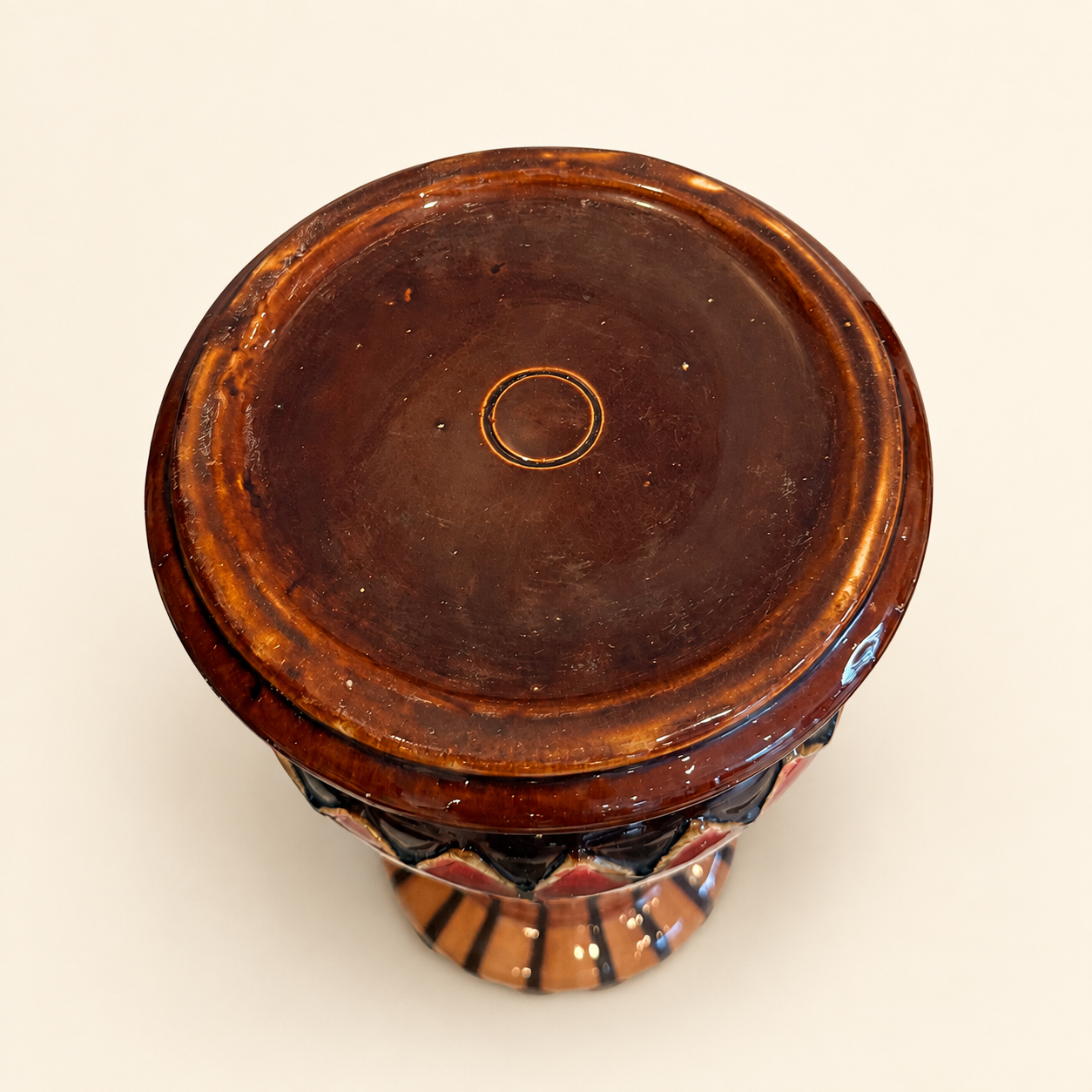 Antique Majolica Jardiniere & Pedestal Set, Oxblood Red with Striped Base