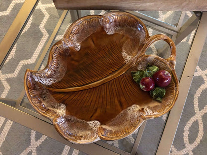 Maurice of California Leaf - Form Serving Platter with Apple Detail — 14.75", c. 1960s - Loom Vintage