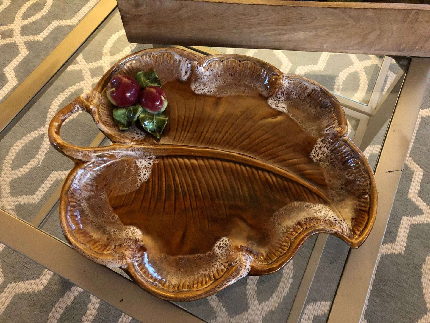 Maurice of California Leaf - Form Serving Platter with Apple Detail — 14.75", c. 1960s - Loom Vintage