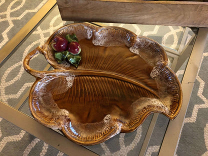 Maurice of California Leaf - Form Serving Platter with Apple Detail — 14.75", c. 1960s - Loom Vintage