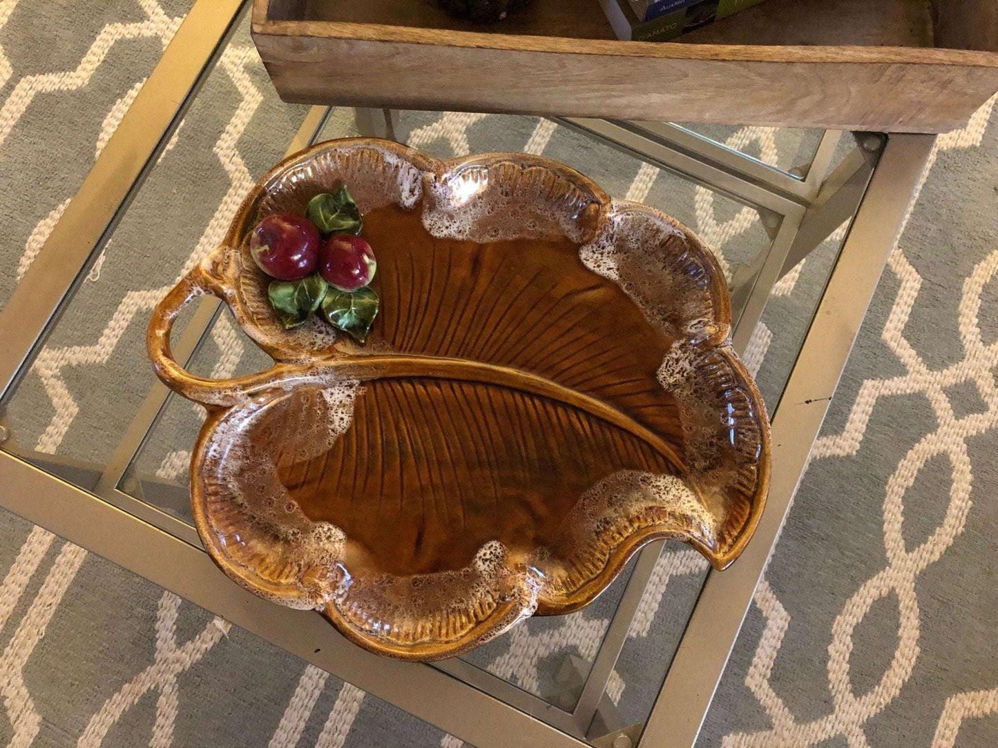Maurice of California Leaf - Form Serving Platter with Apple Detail — 14.75", c. 1960s - Loom Vintage