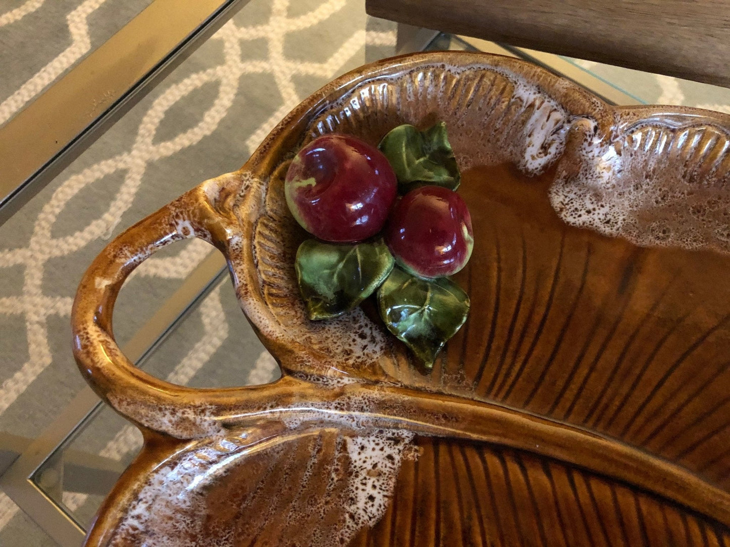 Maurice of California Leaf - Form Serving Platter with Apple Detail — 14.75", c. 1960s - Loom Vintage