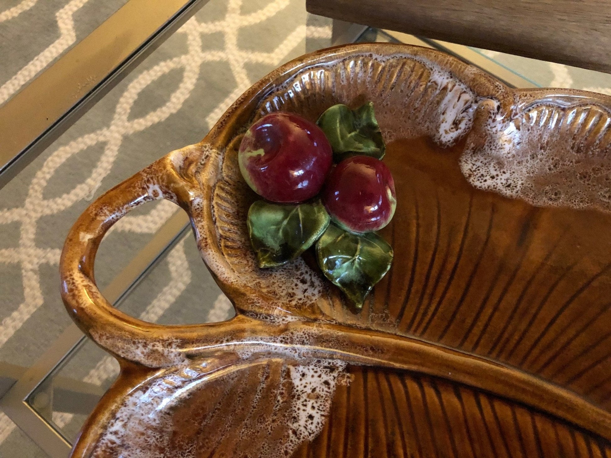 Maurice of California Leaf - Form Serving Platter with Apple Detail — 14.75", c. 1960s - Loom Vintage