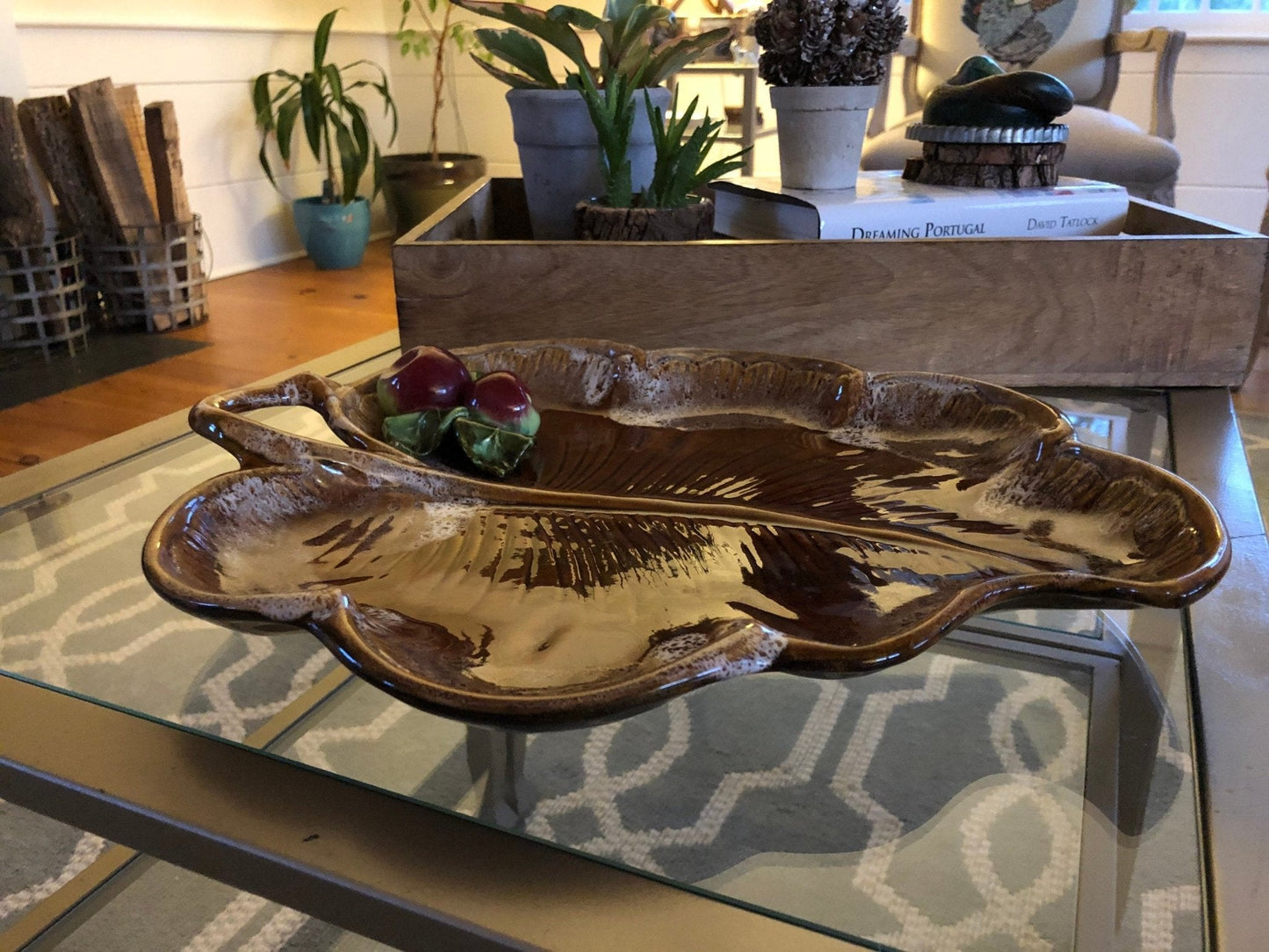 Maurice of California Leaf - Form Serving Platter with Apple Detail — 14.75", c. 1960s - Loom Vintage