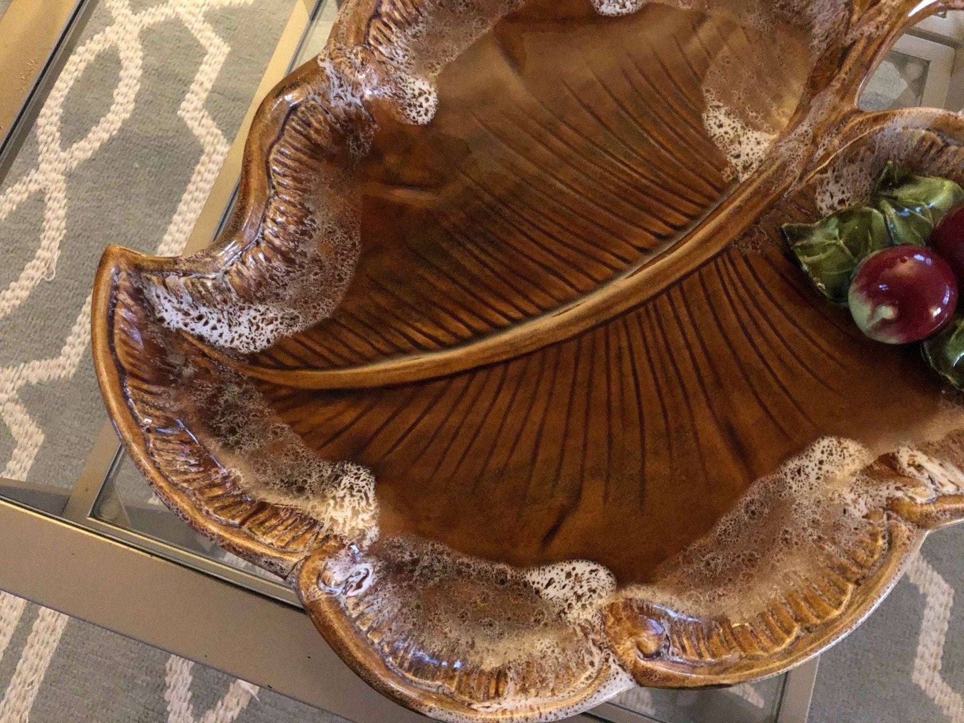 Maurice of California Leaf - Form Serving Platter with Apple Detail — 14.75", c. 1960s - Loom Vintage