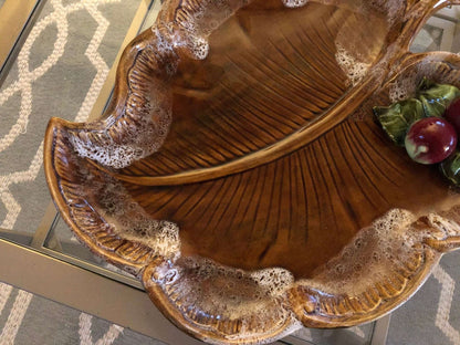 Maurice of California Leaf - Form Serving Platter with Apple Detail — 14.75", c. 1960s - Loom Vintage