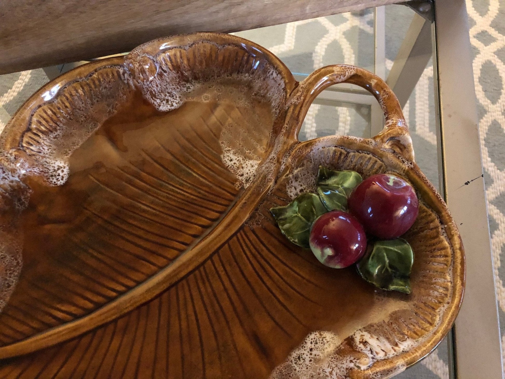 Maurice of California Leaf - Form Serving Platter with Apple Detail — 14.75", c. 1960s - Loom Vintage