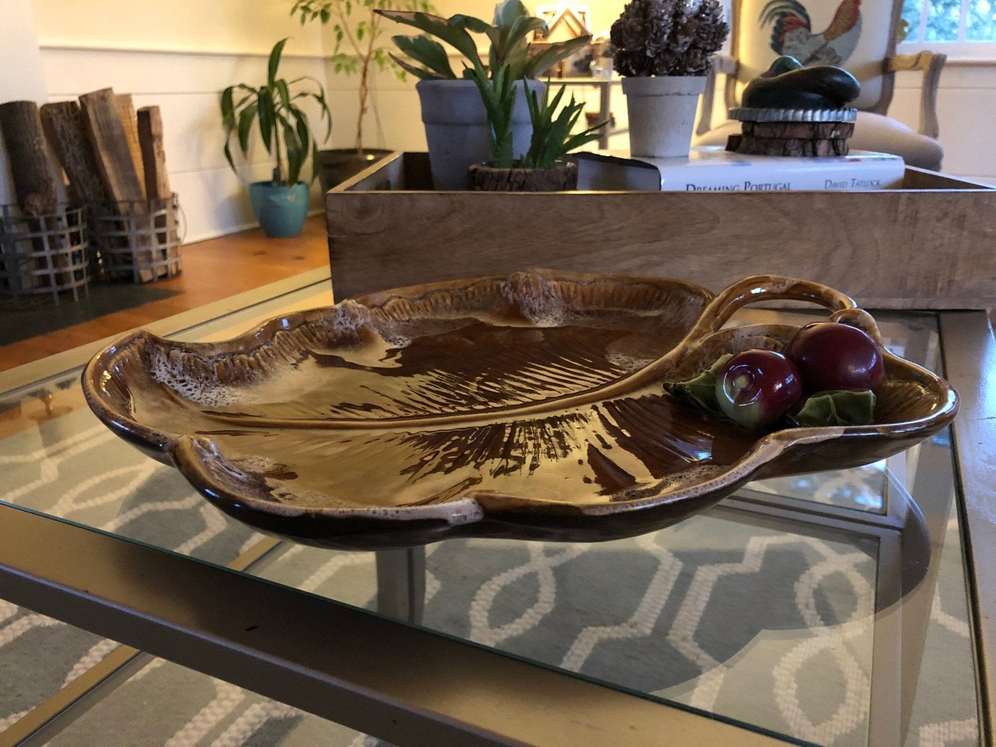 Maurice of California Leaf - Form Serving Platter with Apple Detail — 14.75", c. 1960s - Loom Vintage