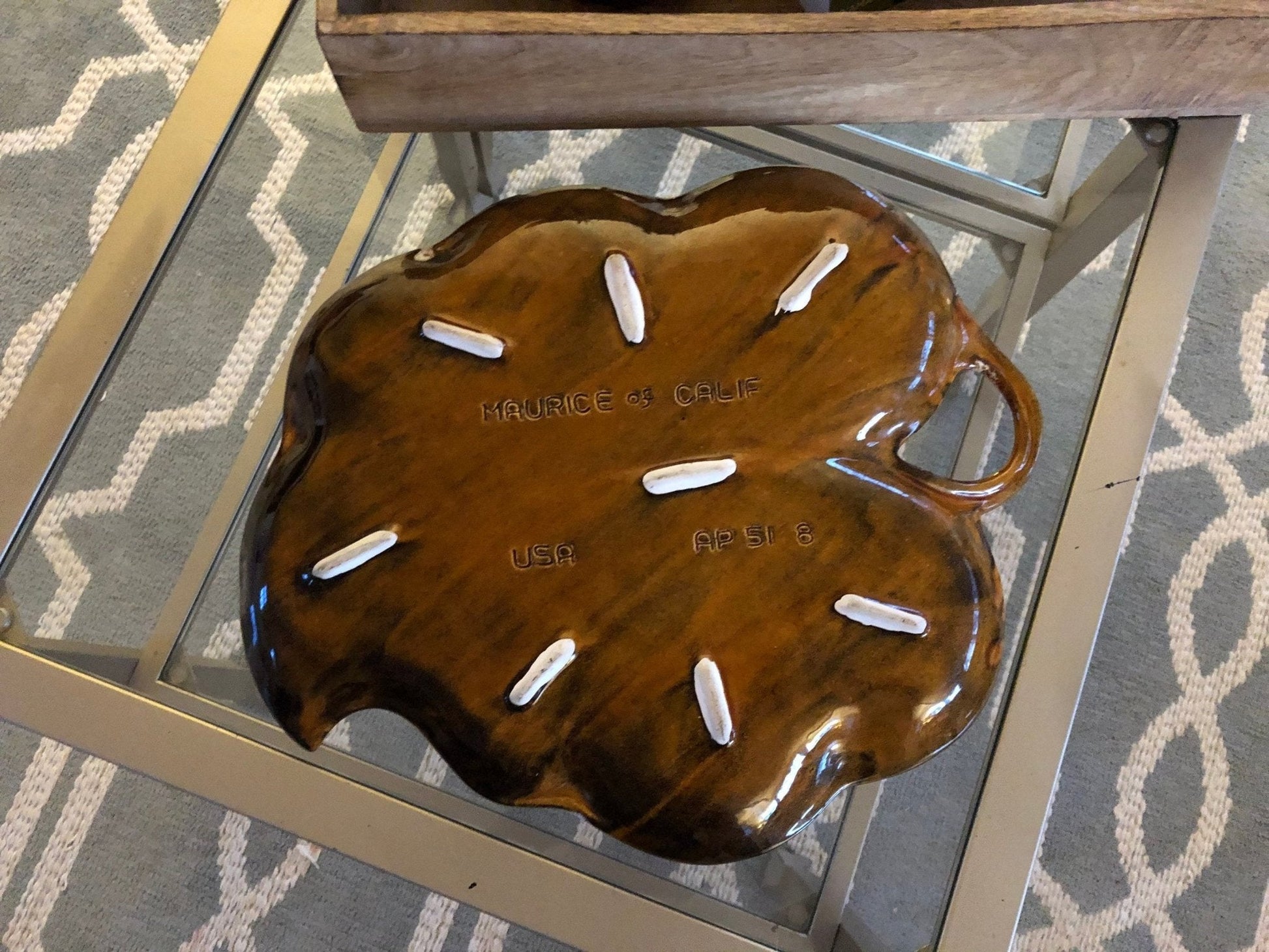 Maurice of California Leaf - Form Serving Platter with Apple Detail — 14.75", c. 1960s - Loom Vintage