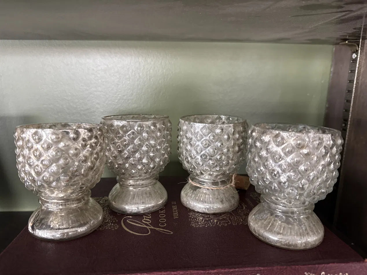 Mercury Glass Votive Holders, Set of 4 — Hobnail Body, Flared Pedestal Foot