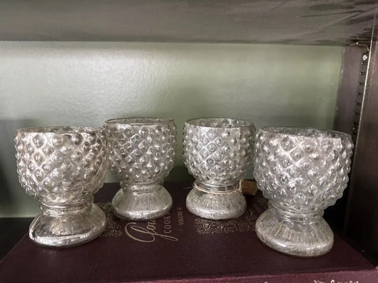 Mercury Glass Votive Holders, Set of 4 — Hobnail Body, Flared Pedestal Foot