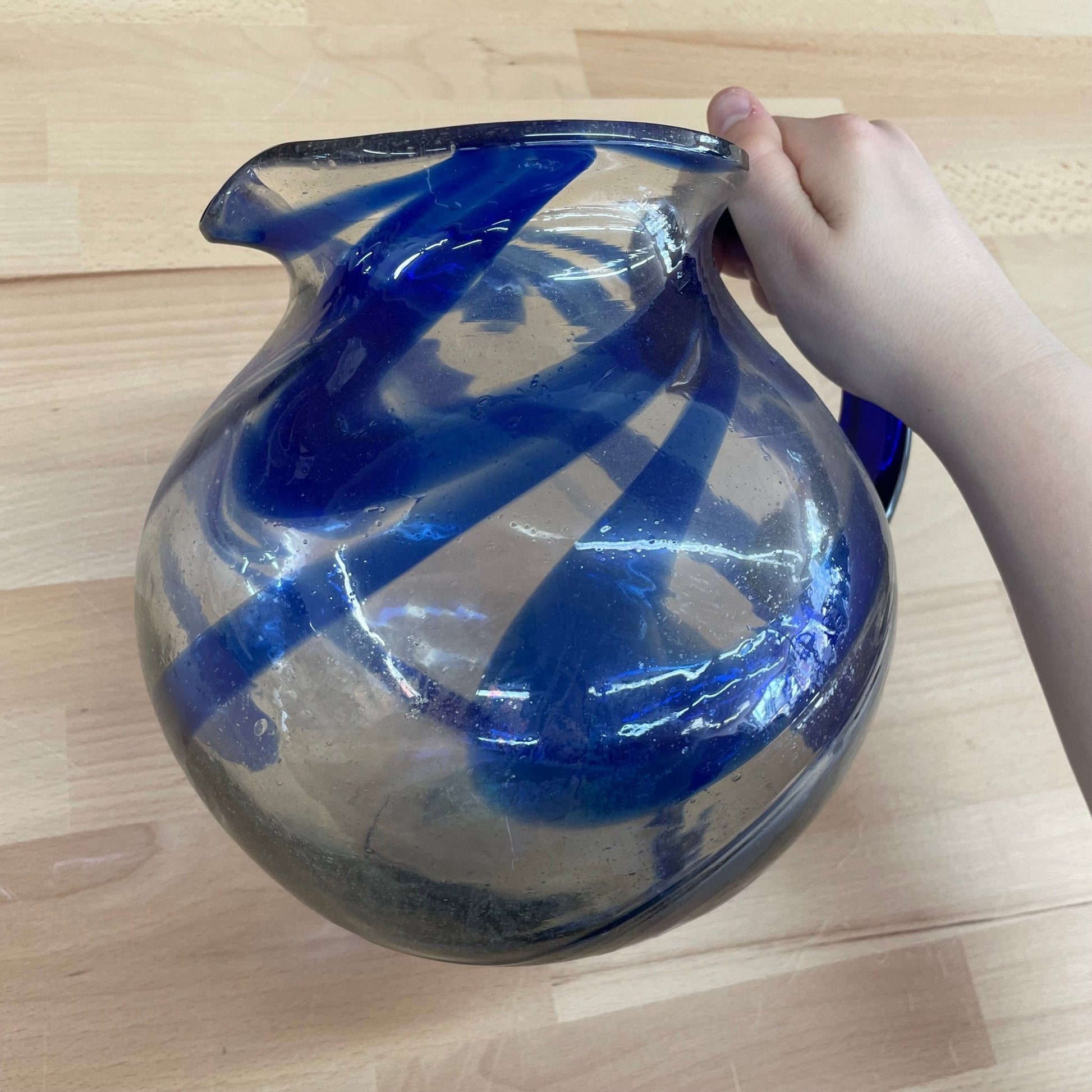 Mexican Hand-Blown Glass Pitcher — Cobalt Blue Swirl, Bubble Glass, Wide Spout, 8"H - Loom Vintage