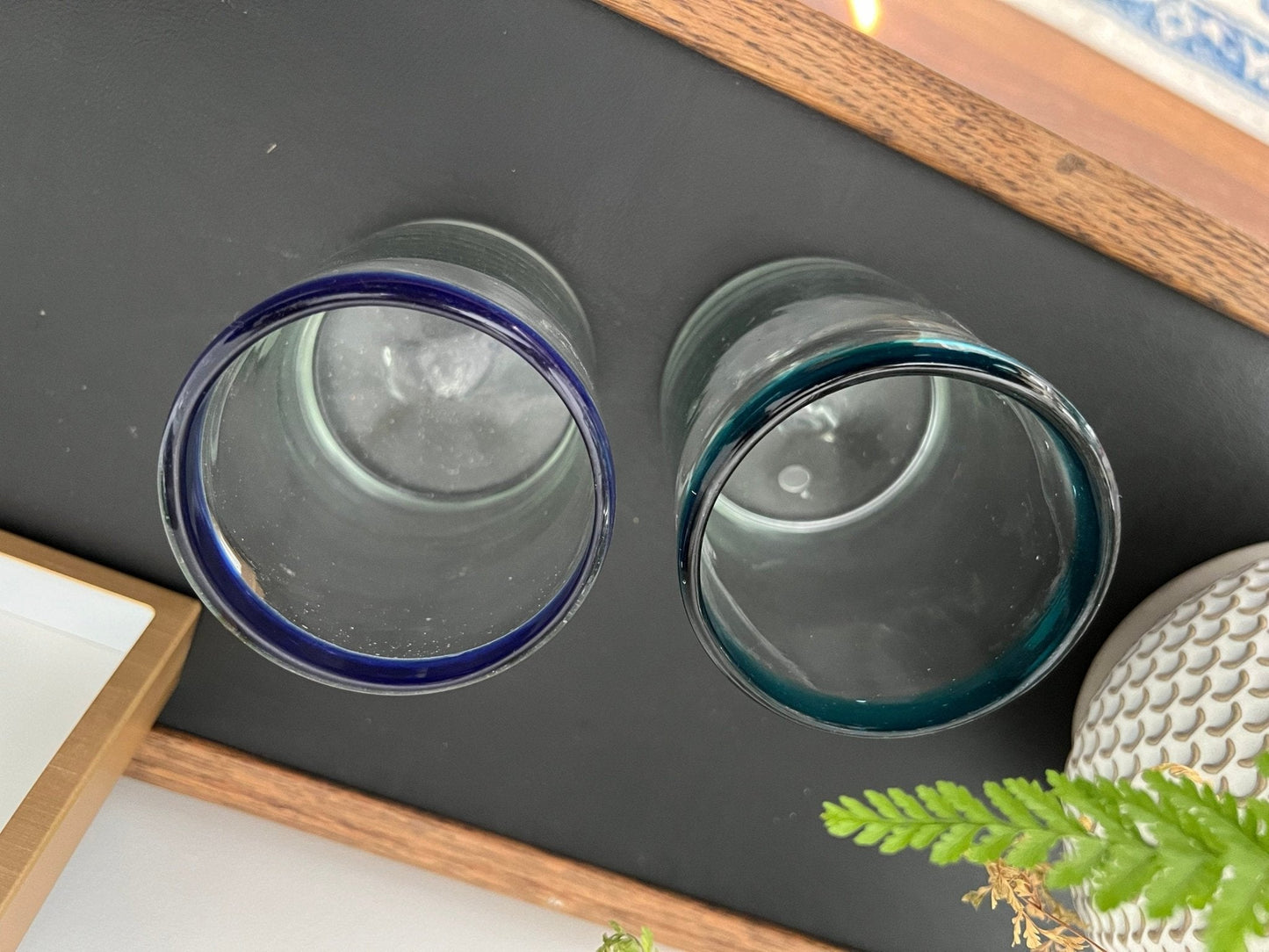 Mexican Hand - Blown Glass Tumblers, Set of 2 — One Teal Rim, One Navy Rim, 4"H - Loom Vintage